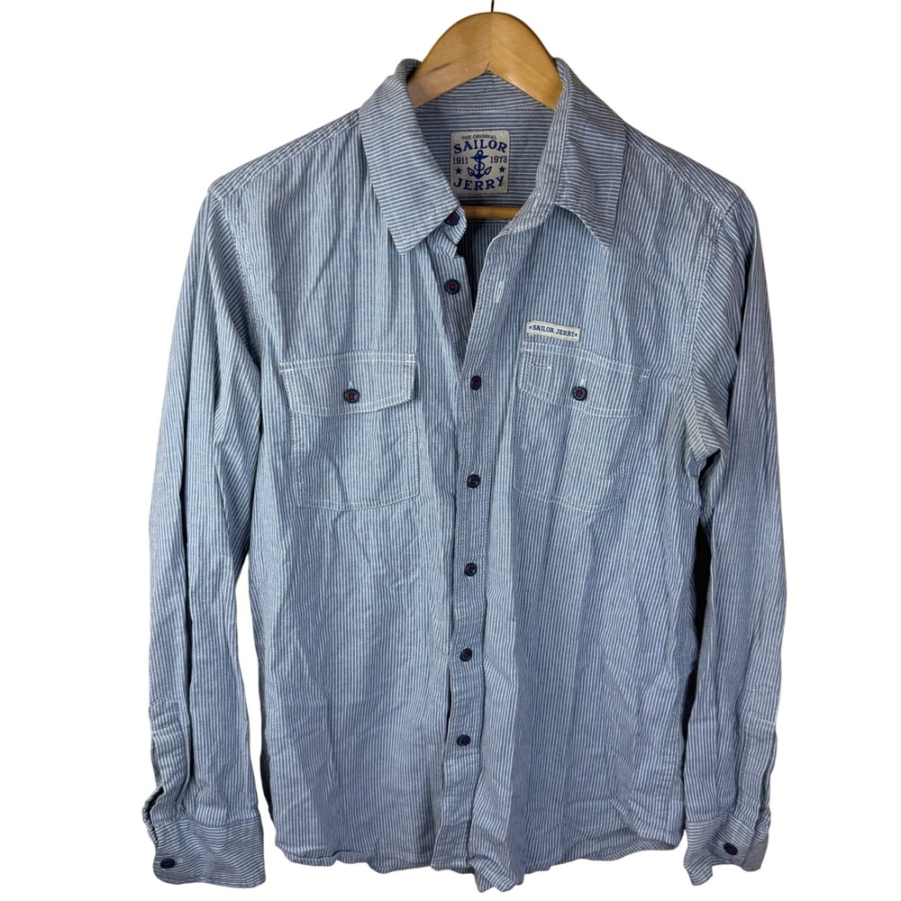 Sailor Jerry Striped Button Down‎ Shirt Women's Long Sleeve Cotton Blue Size SM